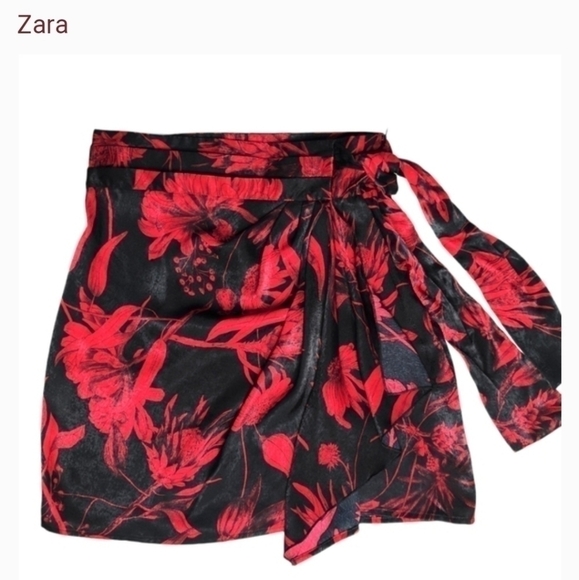 ZARA Tied Print Skirt Floral Red Black - Picture 3 of 12